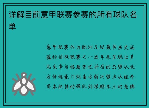 详解目前意甲联赛参赛的所有球队名单